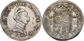 Navarre-Béarn - Jeanne D'Albert (1562-1572)
Teston 1565 P, Pau.
Av. Buste habillé à droite de Jeanne d'Albret.
Rv. Écu couronné parti de Navarre, Bour...