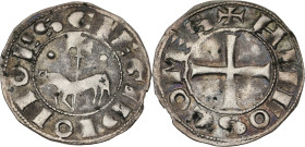Saint-Gilles, Raymond IV (1119-1148)
Denier.
Av. Croix.
Rv. Agneau pascal passant à gauche, sous une croix à long pied accostée de deux besants.
Bd 73...