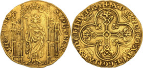 Philippe VI (1328-1350)
Royal d'or (1328)
Av. Le Roi debout sous un dais gothique, couronné, tenant le sceptre.
Rv. Croix quadrilobée, feuillue et fle...