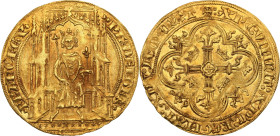 Philippe VI (1328-1350)
Double royal d'or (1340).
Av. Le Roi assis dans une stalle gothique avec baldaquin, couronné, tenant un sceptre long et un cou...