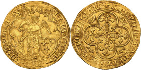 Philippe VI (1328-1350)
Ange d'or (1342).
Av. L'archange saint Michel debout sous un baldaquin qui termine un polylobe coupé en bas, couronné, tenant ...