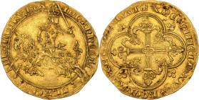 Jean II le Bon (1350-1364).
Franc à cheval (1360).
Av. Le roi à cheval, galopant à gauche.
Rv. Croix feuillue avec quadrilobe en cœur, dans un petit q...