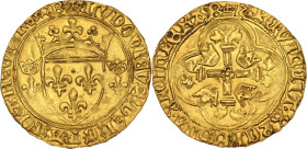 Louis XI (1461-1483).
Écu d'or à la couronne, 1ère émission (1461) B, Bourges.
Av. Écu de France couronné, accosté de deux lis couronnés.
Rv. Croix fe...