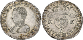 Charles IX (1560-1574).
Teston, 4e type 1565 L, Bayonne
Av. Buste du Roi lauré à gauche.
Rv. Écu de France couronné accosté de deux K couronnés.
Dup 1...