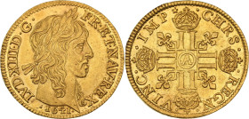Louis XIII (1610-1643)
Louis d'or 1641 A, Paris.
Av. Tête du roi laurée à droite à la mèche courte.
Rv. Croix formée de huit L couronnées, adossés deu...