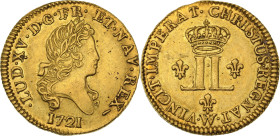 Louis XV (1715-1774)
Louis d'or aux deux L 1721 W Lille. Losange après VINCIT mal gravé, faux d'époque.
Av. Tête laurée à droite. 
Rv. Deux L adossés,...