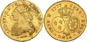 Louis XVI (1774 - 1791)
Double louis d'or aux écus ovales 1766 Pau. 
Av. Buste habillé à gauche.
Rv. Écus accolés de France et de Navarre couronnés.
C...