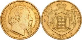 Charles III (1856-1889)
100 Francs 1884 A, Paris.
Av. Tête nue à droite.
Rv. Armoiries soutenues par deux moines et posées sur un manteau couronné.
G....
