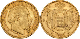Charles III (1856-1889)
100 Francs 1886 A, Paris.
Av. Tête nue à droite.
Rv. Armoiries soutenues par deux moines et posées sur un manteau couronné.
G....