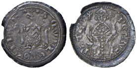 Aquileia - Pietro Gera (1299-1301) Denaro - D/ PETRVS PATRA, Il Patriarca seduto in faldistorio, con pallio e mitria, tiene nella destra la croce patr...
