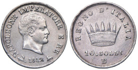 Bologna - Napoleone I (1805-1814) 10 Soldi 1812, segno di zecca B sovrapposto a M - D/ NAPOLEONE IMPERATORE E RE, testa nuda a destra; in basso la dat...