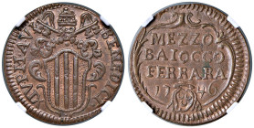 Ferrara - Benedetto XIV (1740-1758) Mezzo Baiocco 1746 an. VI - D/ BENEDICI - XIV P M A VI, stemma sormontato da chiavi decussate con punto sopra la c...