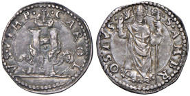 Milano - Carlo V d'Asburgo (1535-1556) Denaro da 8 Soldi - D/ CAROL - VS V IMP, Le Colonne d'Ercole sormontate da mitria e avvolte da nastro col motto...