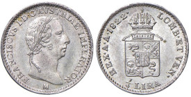 Milano - Francesco I d'Asburgo (1815-1835) Quarto di Lira 1822 - D/ FRANCISCVS I D G AVSTRIAE IMPERATOR, testa laureata a destra; In basso segno di ze...