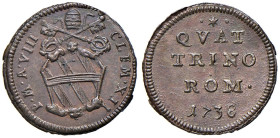 Roma - Clemente XII (1730-1740) Quattrino 1738 - D/ CLEM XII - P M A VIII, stemma semplice con testina sopra e sotto, sormontato da chiavi decussate e...