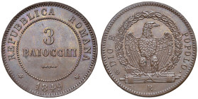 Roma - Seconda Repubblica Romana (1848-1849) 3 Baiocchi 1849 - D/ REPUBBLICA ROMANA, nel centro 3 / BAIOCCHI "tondeggiante" su due righe, sotto fregio...