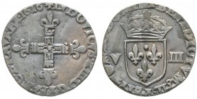 Louis XIII 1610-1643
1/8 Écu à la croix fleurdelisée, Bayonne, 1616 L, AG 4.09 g.
Ref : G. 23 (R)
Conservation : TB