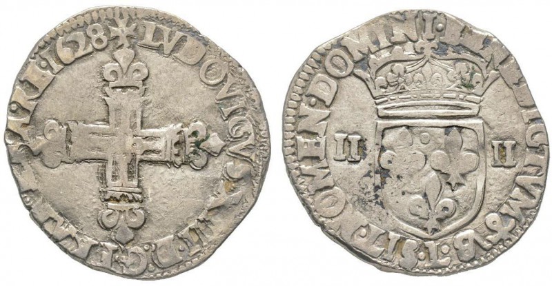 Louis XIII 1610-1643
1/4 Écu de à la croix fleurdelisée, Bayonne, 1628 L, AG 9.3...