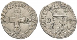 Louis XIII 1610-1643
1/4 Écu de à la croix fleurdelisée, Bayonne, 1628 L, AG 9.36 g.
Ref : G. 27 
Conservation : TB