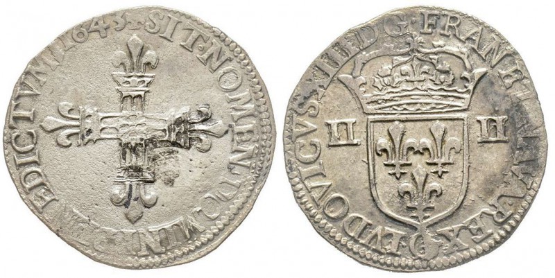 Louis XIII 1610-1643
1/4 Écu titulature du côté de l'écu, Poitiers, 1643 G, poin...