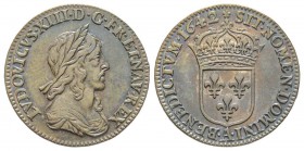Louis XIII 1610-1643
1/12 Écu 2èm poinçon de Warin buste drapé et cuirassé, Paris, 1642 A, rose, AG 2.28 g.
Ref : G. 46 (R2)
Conservation : Superbe. R...