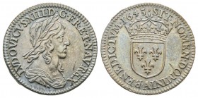 Louis XIII 1610-1643
1/12 Écu 2èm poinçon de Warin buste drapé et cuirassé, Paris, 1643 A, point, AG 2.29 g.
Ref : G. 46 
Conservation : Superbe