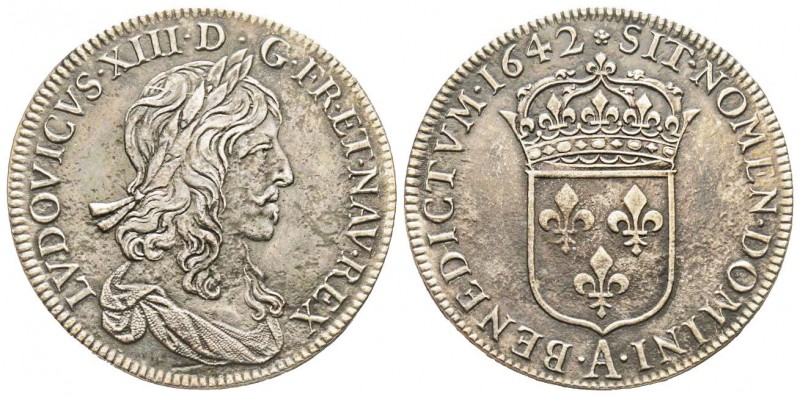 Louis XIII 1610-1643
1/2 Écu premier poinçon de Warin, Paris, 1642 A, rose, AG 1...
