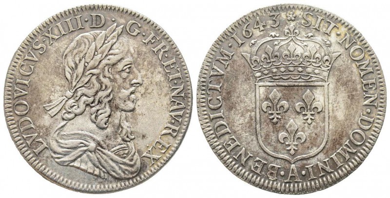 Louis XIII 1610-1643
1/2 Écu 2èm poinçon de Warin, Paris, 1643 A, rose avec baie...