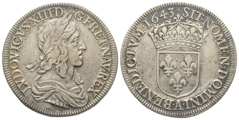 Louis XIII 1610-1643
1/2 Écu 2èm poinçon de Warin, Paris, 1643 A, point, AG 13.6...