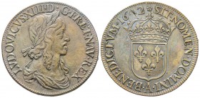 Louis XIII 1610-1643
Écu de 60 Sols, 1er poinçon de Warin, Paris, 1642 A, rose, AG 27.05 g.
Ref : G. 51 (R2)
Conservation : TTB. Rare