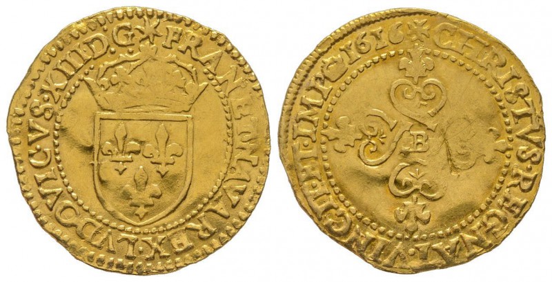 Louis XIII 1610-1643
Écu d'or, Rouen, 1616 B, AU 3.36 g.
Ref : G. 55 (R), Fr. 39...