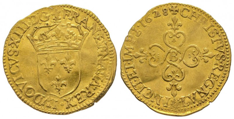 Louis XIII 1610-1643
Écu d'or, Rouen, 1628 B, AU 3.32 g.
Ref : G. 55 (R3), Fr. 3...