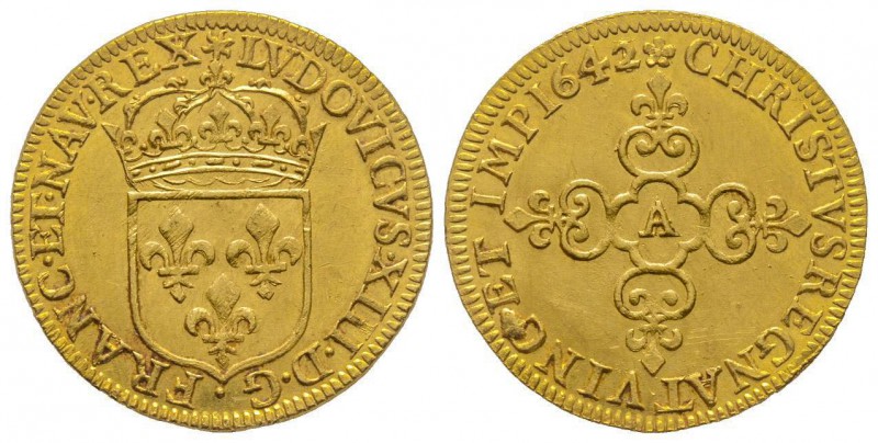 Louis XIII 1610-1643
Écu d'or, Paris, 1642 A, 2 sur 1, AU 3.36 g.
Ref : G. 55 (R...