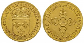 Louis XIII 1610-1643
Écu d'or, Paris, 1642 A, 2 sur 1, AU 3.36 g.
Ref : G. 55 (R2), Fr. 398
Conservation : fines rayures sinon Superbe. Rare