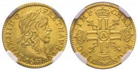 Louis XIII 1610-1643
1/2 Louis d'or à la mèche longue, Paris, 1643 A, AU 3.36 g.
Ref : G. 57, Fr. 411
Conservation : NGC MS62