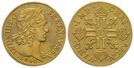 Louis XIII 1610-1643
Louis d'or à la mèche longue sans baies, Paris, 1640 A, AU 6.73 g.
Ref : G. 58 (R), Fr. 410
Conservation : Superbe