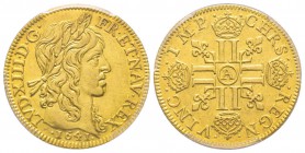 Louis XIII 1610-1643
Louis d'or à la mèche longue sans baies, Paris, 1641 A, AU 6.75 g.
Ref : G. 58 (R), Fr. 410
Conservation : PCGS AU55