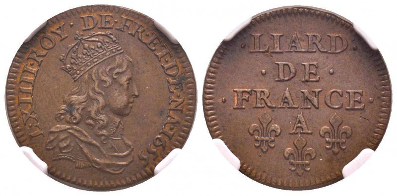 Louis XIV 1643-1715
Liard de France au buste juvénile, deuxième type, fn, Paris...