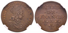Louis XIV 1643-1715
Liard de France au buste juvénile, deuxième type, fn, Paris, 1655 A, Cuivre 4 g.
Ref : G. 80
Conservation : NGC AU58 BN. Rare d...