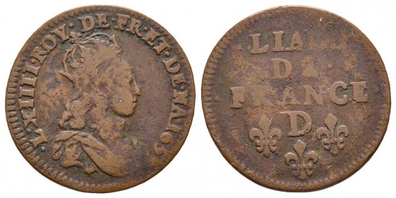 Louis XIV 1643-1715 
Liard de France au buste juvénile, deuxième type, Vimy, 165...