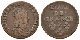 Louis XIV 1643-1715 
Liard de France au buste juvénile, deuxième type, Meung sur Loire, 1656 E, Cuivre 3.69 g.
Ref : G. 80
Conservation : TB