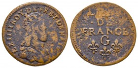Louis XIV 1643-1715 
Liard de France au buste juvénile, deuxième type, Lusignan, 1656 G, Cuivre 3.92 g.
Ref : G. 80
Conservation : TB