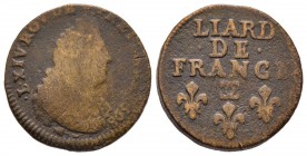 Louis XIV 1643-1715 
Liard de France au buste agé, deuxième type, Besançon, 1698, Cuivre 4.13 g.
Ref : G. 81
Conservation : TB