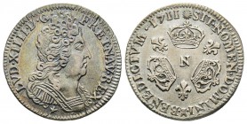 Louis XIV 1643-1715 
1/10 Écu aux 3 couronnes, Montpellier, 1711 N, AG 3.00 g.
Ref : G. 125 
Conservation : Superbe