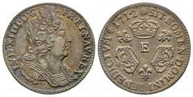 Louis XIV 1643-1715 
1/10 Écu aux 3 couronnes, Tours, 1712 E, AG 3.02 g.
Ref : G. 125 (R4)
Conservation : TTB-SUP. Rarissime