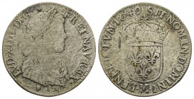 Louis XIV 1643-1715 
1/4 Écu à la mèche longue, Metz, 1649 M, AG 6.45 g.
Ref : G. 140 (R3)
Conservation : B. Très Rare