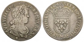 Louis XIV 1643-1715 
1/4 Écu à la mèche longue, Metz, 1649 M, AG 6.72 g.
Ref : G. 140 (R3)
Conservation : TB-TTB. Très Rare