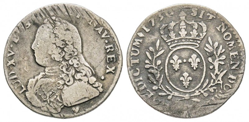 Louis XV 1715-1774
1/10 Écu aux branches d'olivier, Aix, 1730 &, AG 2.83 g.
Ref ...