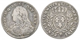 Louis XV 1715-1774
1/10 Écu aux branches d'olivier, Grenoble, 1739 Z, 8 sur 7, AG 2.86 g.
Ref : G. 291 (R5)
Conservation : TB/ TTB. Rarissime