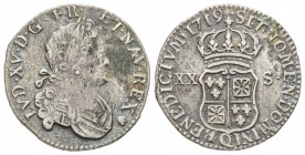 Louis XV 1715-1774
1/6 Écu XX - S de France-Navarre, Perpignan, 1719 Q, AG 4.02 g.
Ref : G. 295 (R)
Conservation : presque TTB